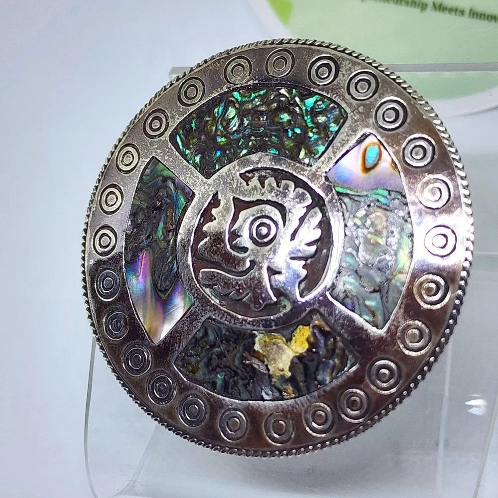 Vintage Taxco Sterling Silver Abalone Aztec Mexico Large Handmade Pin Pendant